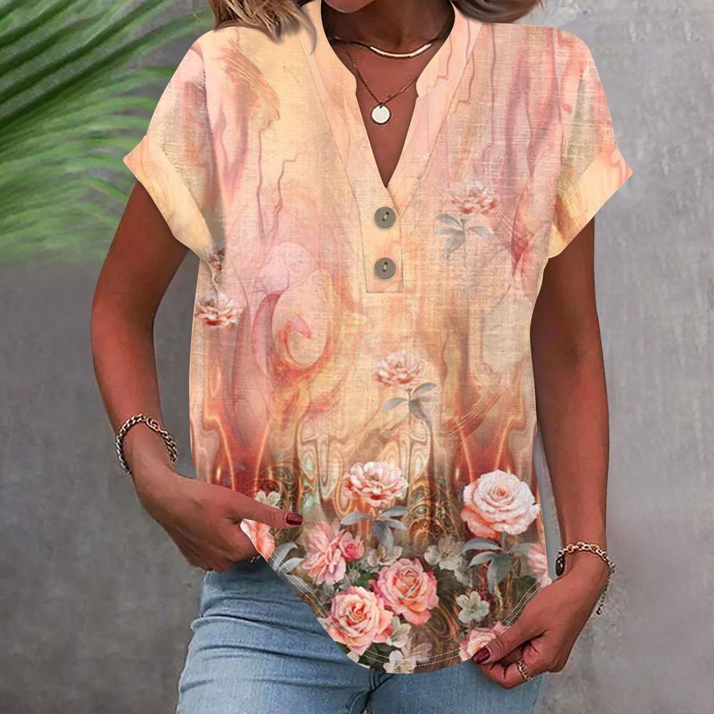 Женская модная повседневная рубашка с v-образным вырезом и коротким рукавом с принтом, футболка на пуговицах, топ