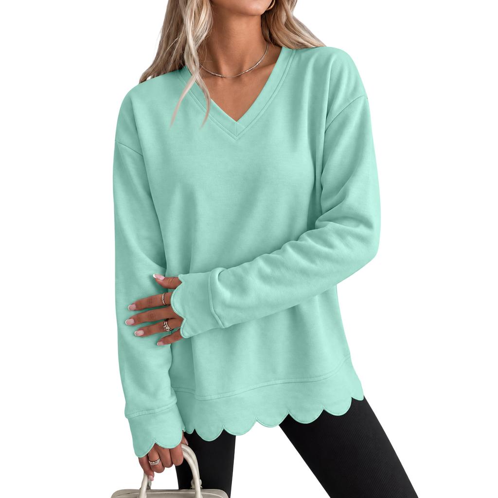 Women's Scalloped Wavy Hem Crewneck Sweatshirt, Loose Fit Color Drop Shoulder Long Sleeve Pullover Top for Casual Wear
