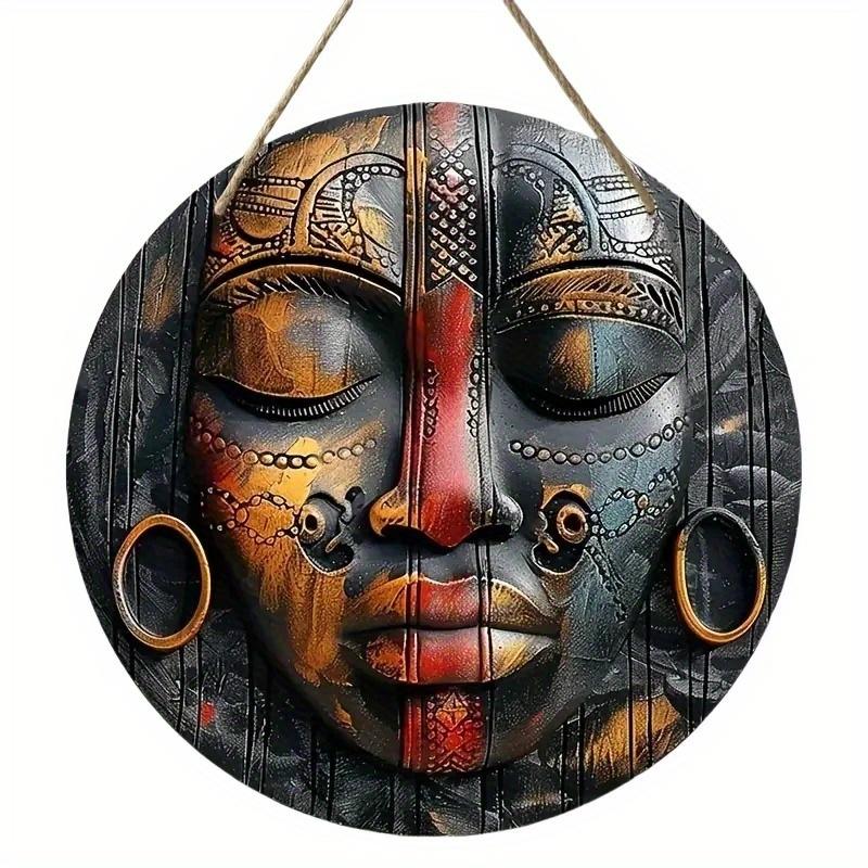Wood Unique African Mask Circular Wooden Sign with Artistic Design, Suitable for Door, Wall, Home, Room, Farmhouse, Street, Shop, Garage, Bar, Garden