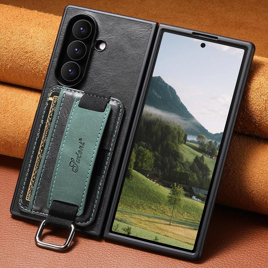 SUTENI Leather Case for Samsung Z Fold 7/6/5: Oil Wax Texture with Wrist Strap, Card Slot & Stand Feature