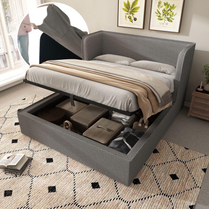 Lit - MUVOE - 160 x 200 cm - Cadre amovible - Rangement hydraulique - Lin gris