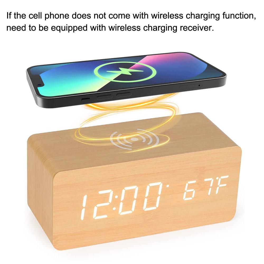 Desk Table Clocks Wooden Digital Alarm Clock Wooden Desk Digital Clock LED Display Temperature Phone Chargers Wireless Charger