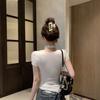 Niche fashion pure desire style neck lace design sense short sleeve T-shirt hot girl sexy irregular versatile top ins