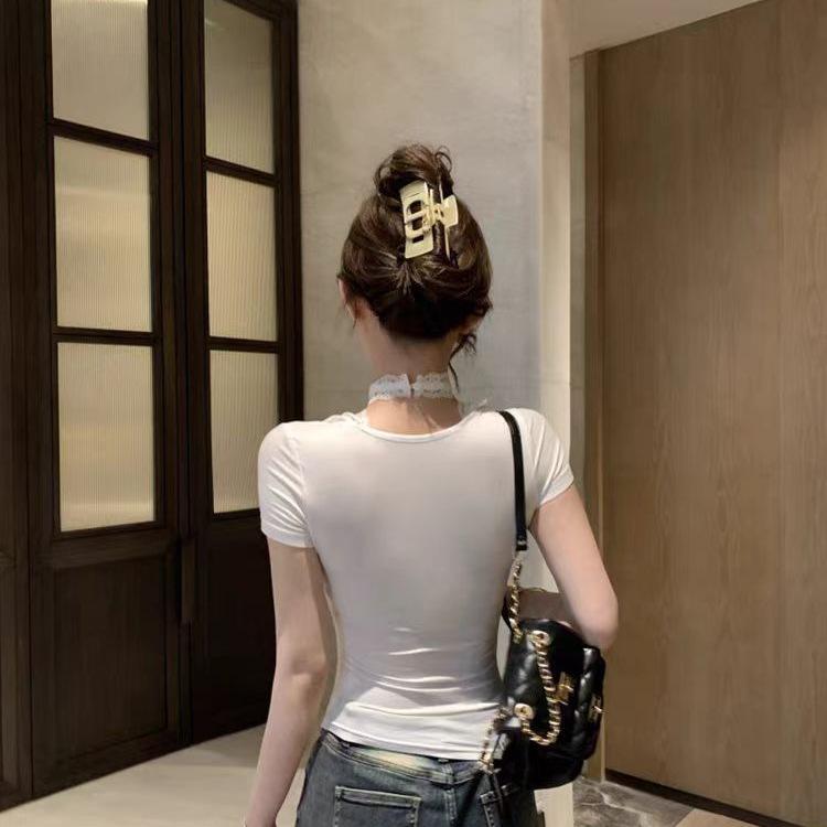 Niche fashion pure desire style neck lace design sense short sleeve T-shirt hot girl sexy irregular versatile top ins