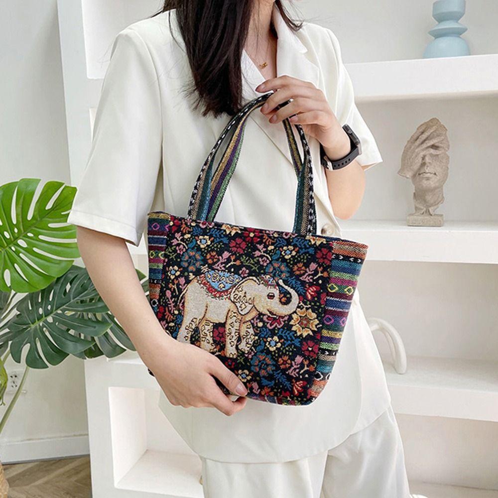 Peacock Canvas Tote Bag Embroidery Elephant Handbag Simple Ethnic Style Handbag Grocery Handbags