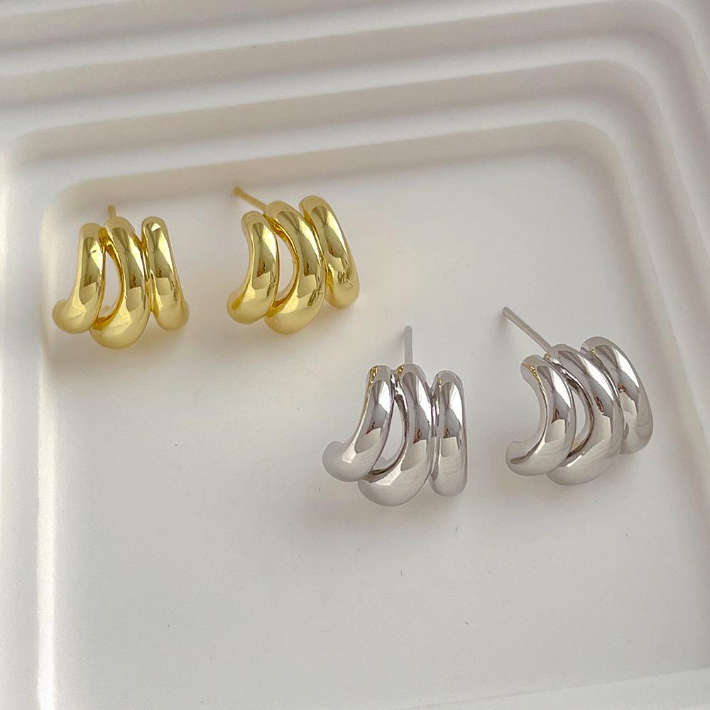 Korean Niche Design 14K Gold Triple-Layer Irregular C-Shaped Earrings with S925 Silver Needle