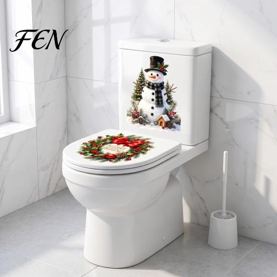 Holiday Wall Decals Christmas Snowman Wreath Toilet Sticker, Peel And Stick Bathroom Decor Waterproof PVC Sticker Decal, Removable Lid for