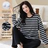 Women's Autumn Round Neck Striped Long Sleeve Pajamas with Chest Pad - Casual Plus Size Home & Outdoor Wear Set