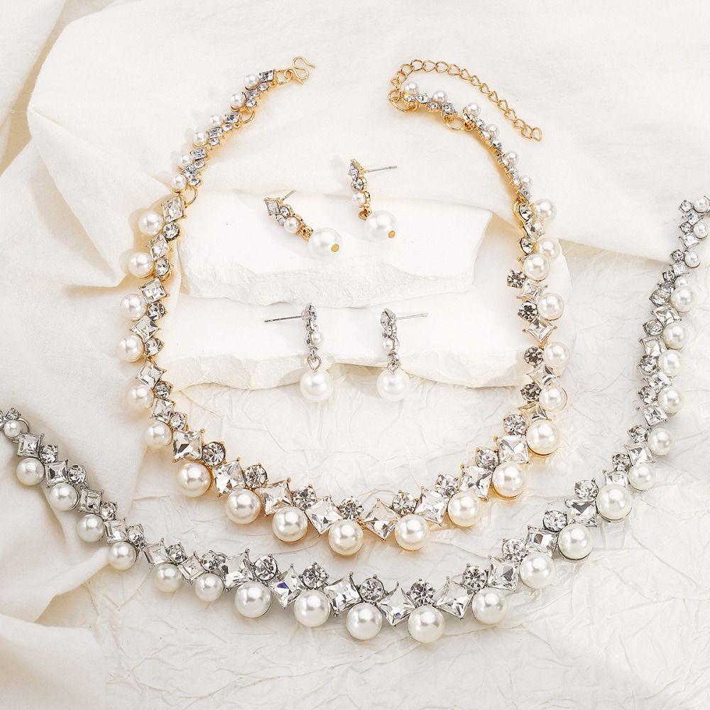 Elegant Pearl Jewelry Set Multi-layer Rhinestone Choker Fashion Pearl Dangle Earrings Daily