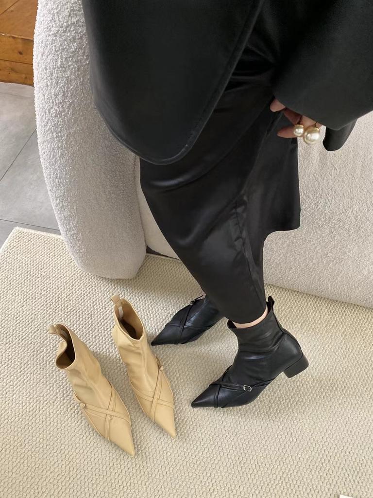 Модные женские ботильоны с острым носком, черные, бежевые, с узким ремешком, на плоской подошве, на среднем каблуке, туфли-лодочки для вечеринок, эластичные туфли для женщин, 2024, новые поступления, вечеринка