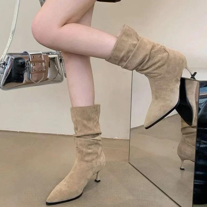 Женские замшевые остроносые ботинки челси, женские сексуальные ботинки до середины голени, новые зимние туфли на каблуках, роскошные туфли-лодочки для вечеринок, модная готическая обувь
