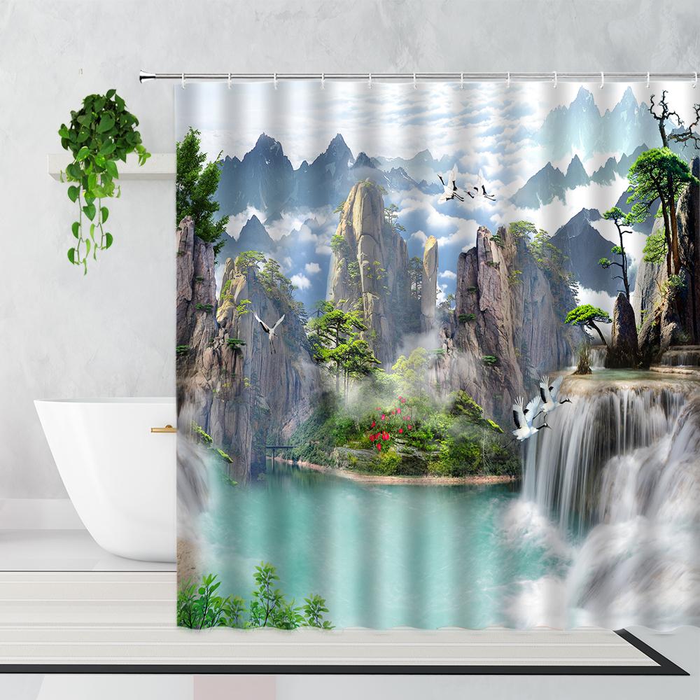 Zen Bamboo Forest Shower Curtain Summer Forest Jungle Waterfall Rock Nature Scenery Bath Curtains Set Green Landscape Bathroom