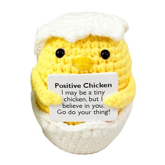 Мини-вязаная крючком курица с позитивной открыткой, ручная работа, пряжа, вязание, сине-желтая кукла, игрушка для снятия стресса, украшение для домашнего офиса и рабочего стола