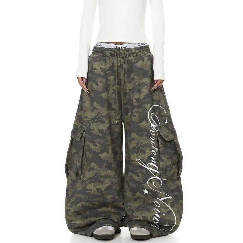 Womens Camo Cargo Pants High Waist Wide Leg Streetwear Hip Hop Dance Trousers Kpop Sweet Cool Style