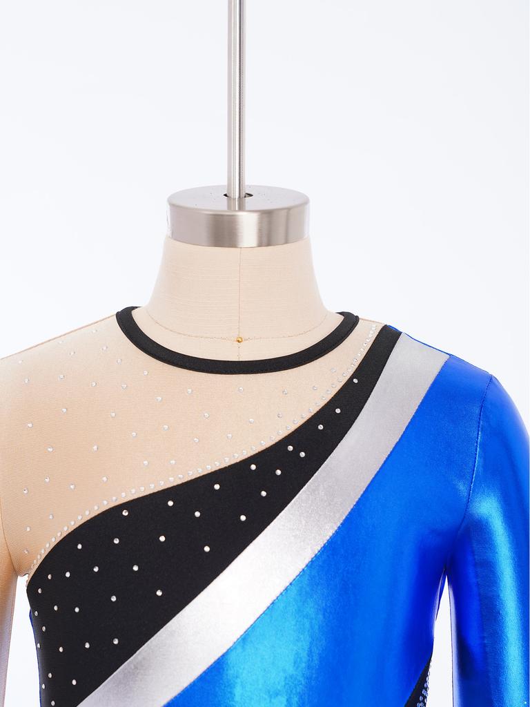 Girls Gymnastics Jumpsuit Metallic Color Block Design Round Neck Long Sleeve Back Invisible Zipper Bodysuit
