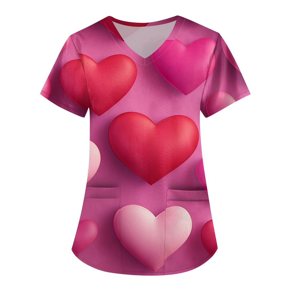 Women's Fashion V-neck Short-sleeved Work Clothes With Pockets Valentine's Day Print Top