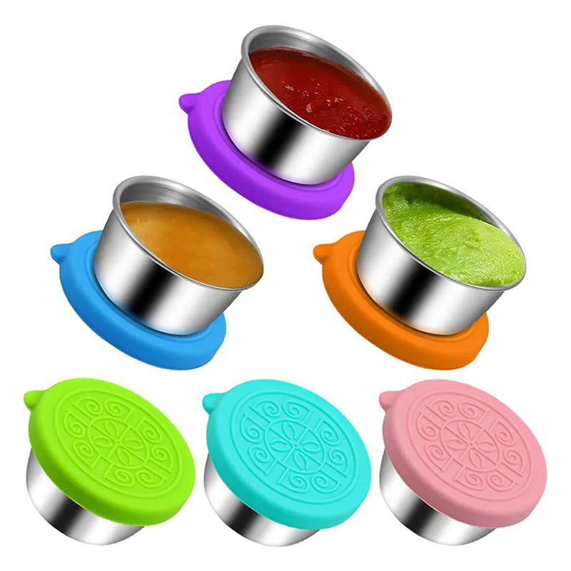1/6 Piece Stainless Steel Sauce Cup With Lid Leak-Proof Salad Dressing Cup Reusable Salad Dressing Container Silicone Lid
