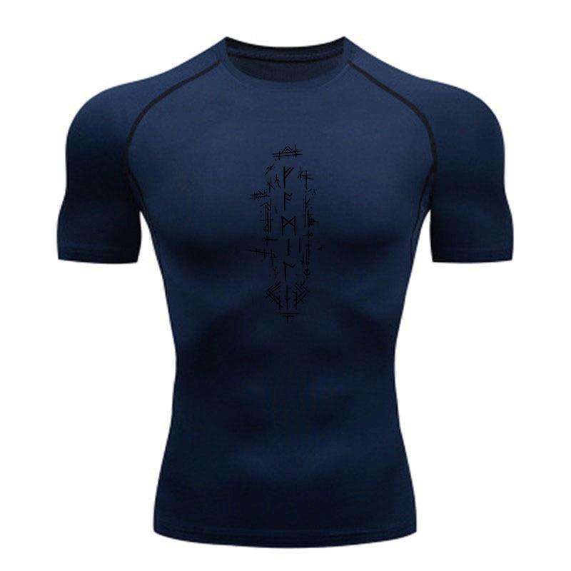 Men's Compression Athletic T-Shirt, Quick Dry Runes Print Breathable Stretchy Workout Top for Gym Jogging Training Casual Sportswear