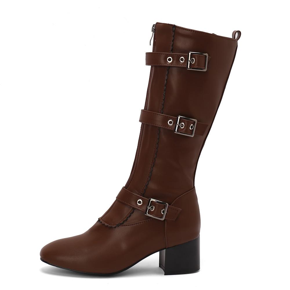 Женские ботфорты винтажные с ремешком и пряжкой, женские туфли на квадратном высоком каблуке на молнии, осенне-зимние однотонные повседневные боты