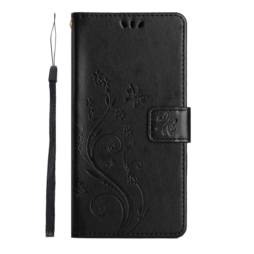 For iPhone 17 Pro Leather Wallet Case Butterfly Flower Imprinted Phone Cover with Strap