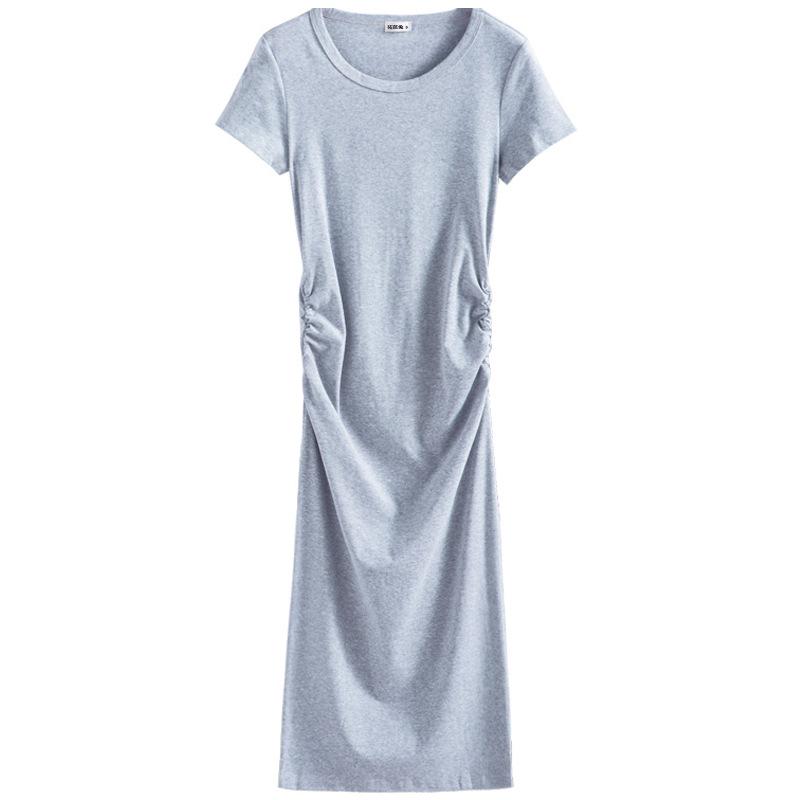 Temperament Age-reducing Drawstring Waist Dress Summer Cotton Slimming Short-sleeved Over-the-knee Dress