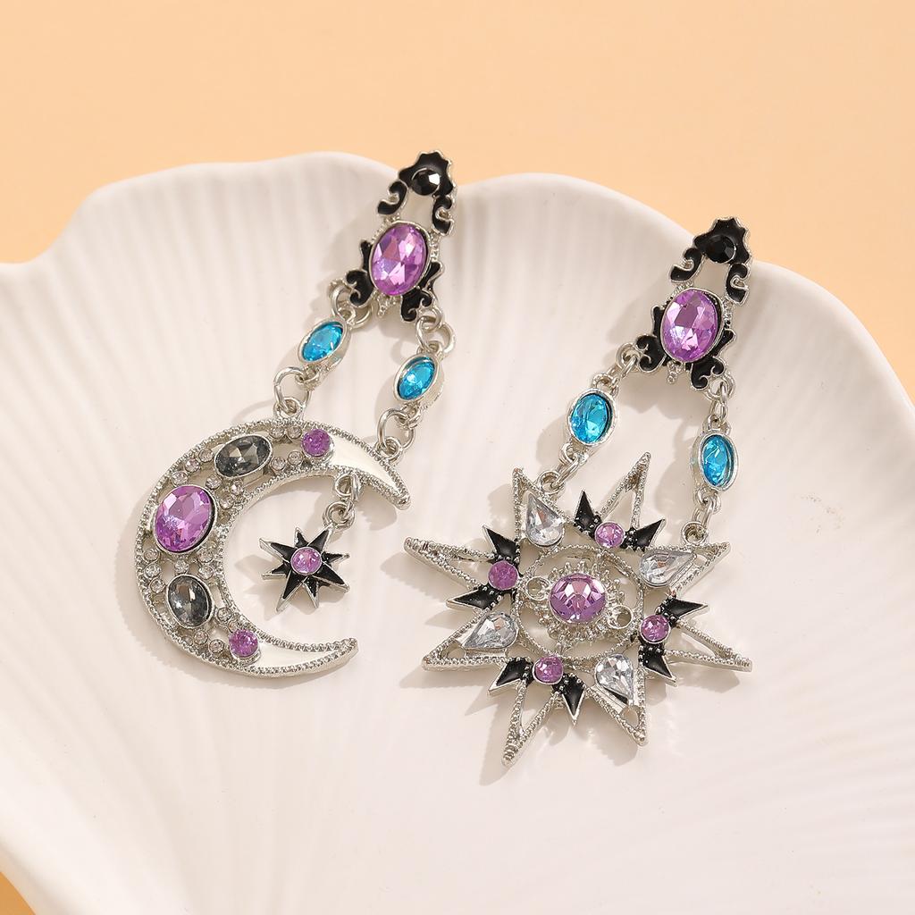 Vintage Asymmetrical Sun Moon Star Drop Earrings Multicolor Rhinestone Enamel Celestial Long Dangle Earrings for Women
