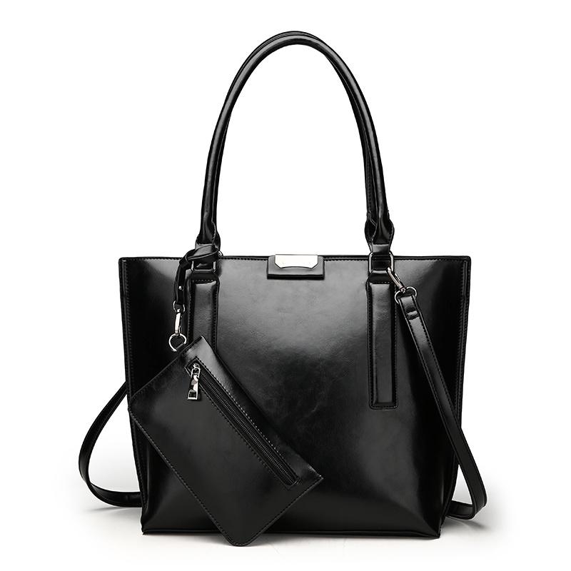 Женский комплект из 2 предметов, повседневная сумка-тоут, высококачественная масляная восковая мягкая кожа, элегантная офисная сумка и кошельки, черная роскошная сумка в стиле ретро, ​​новинка 2022 года