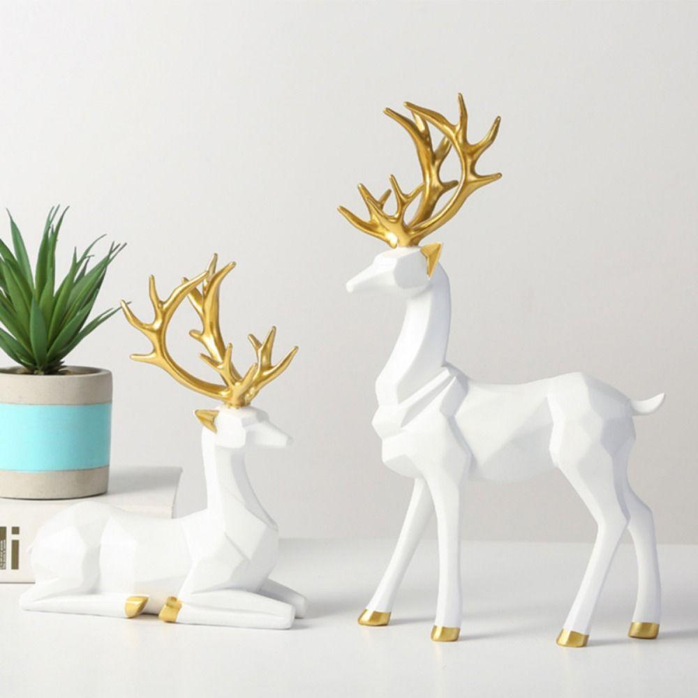 2Pcs Sitting/Standing Position Deer Desktop Ornament Modern Elk Figurine  Office Desktop