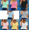 European Women's V-Neck Lace Hollow Casual Loose T-Shirt, Short-Sleeved.