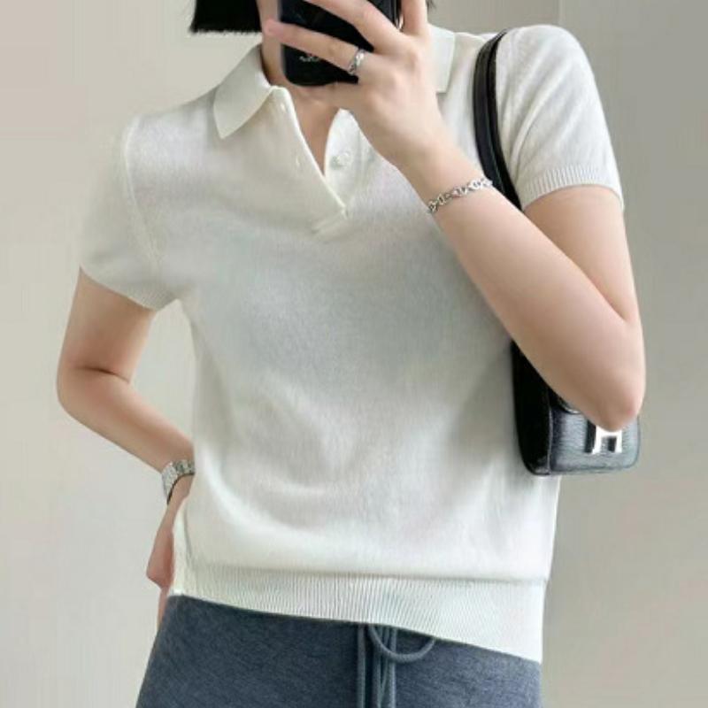 IHUASU Футболка с воротником-поло из шерсти, женская, весенне-летняя, кашемировый универсальный, с короткими рукавами, модный джемпер