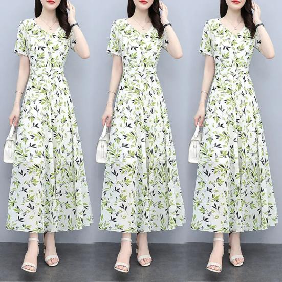 Women's Floral Print Maxi Dress Summer V Neck Short Sleeve Long Dress Casual Swing A-line Beach Sundress
