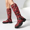 Red Flower Pattern Rivet Metal Belt Buckle Women's Knee High Boots Round Toe Thick Heel Waterproof Table Leopard Print Boots