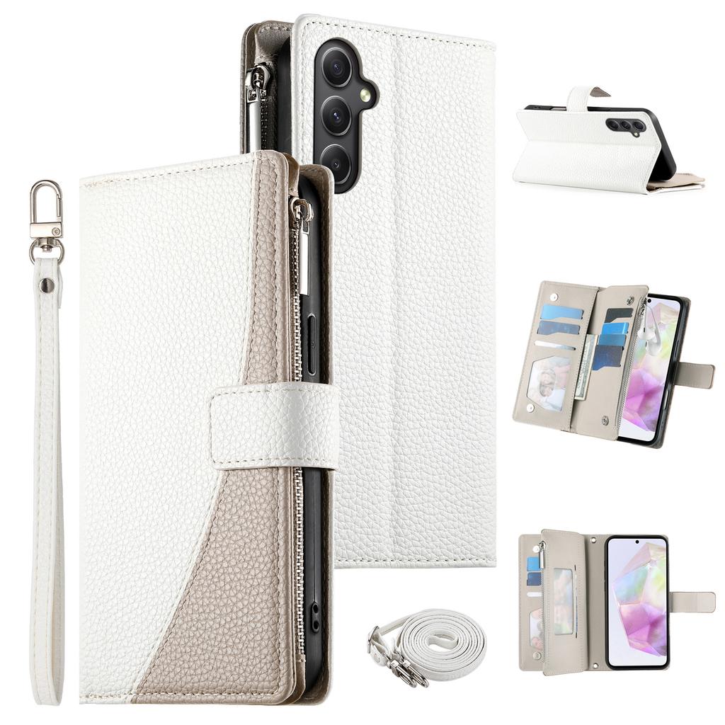 For Samsung Galaxy A35 5G Case Zipper Wallet Color Splicing Leather Flip Phone Cover with Straps