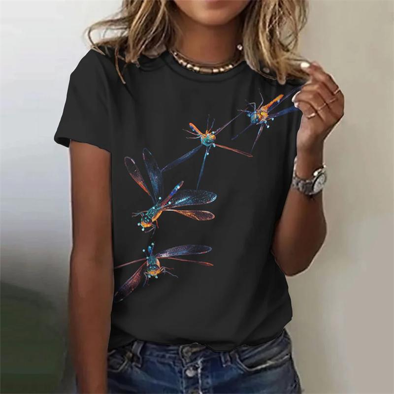 Летняя модная блузка, женская футболка с принтом стрекозы, топ с круглым вырезом и коротким рукавом, модная футболка, повседневная футболка, женская одежда
