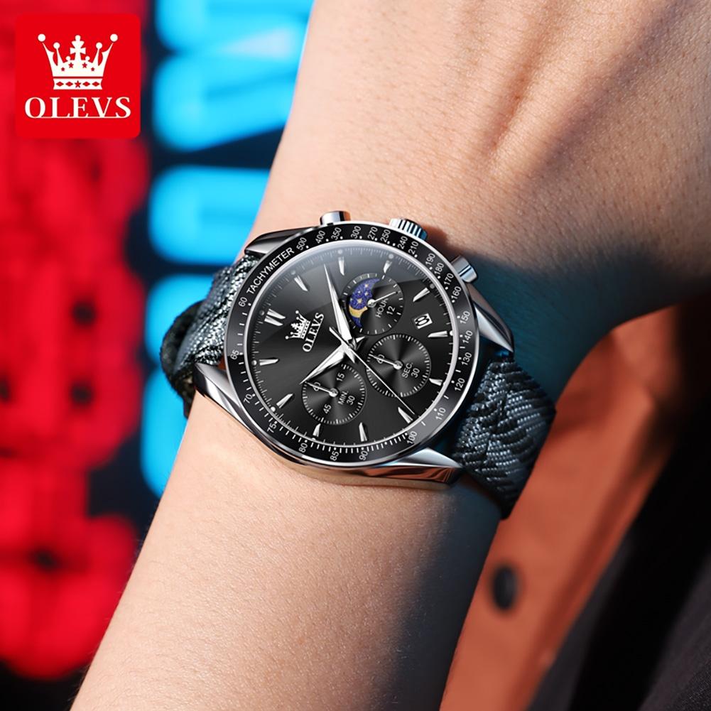 OLEVS Новые роскошные мужские часы с модным нейлоновым ремешком из ткани, оригинальные кварцевые часы для мужчин, фаза Луны, хронограф, многофункциональные мужские часы