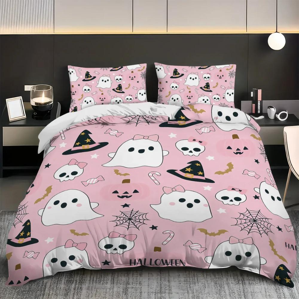 3pcs Halloween Themed Cartoon Ghost Spooky Pattern Bedding Set Halloween Home Decoration