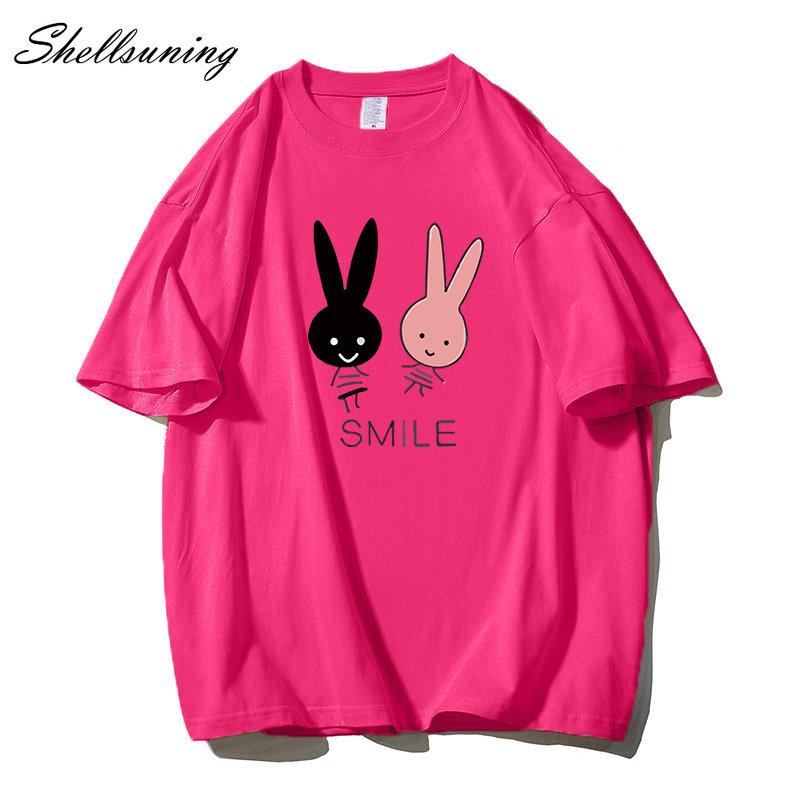 Shellsuning Cute Bunny Graphic Printed T Shirts Women Summer Casual Loose O Neck Short Sleeve Tees Female Trendy 100% Cotton Tops Lady