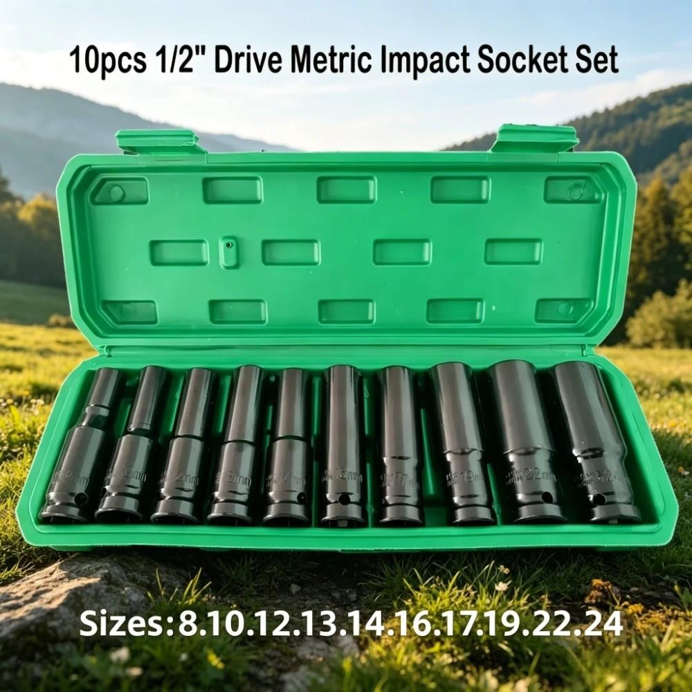 10Pcs 1/2 Inch Drive Deep Impact Socket Set Metric 8-24mm Deep Socket Set For Electric Wrench