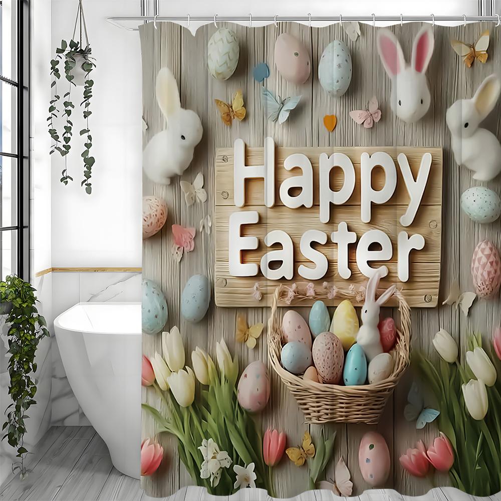 Happy Easter Bunny Eggs Floral Shower Curtain, Bathroom Decorative Shower Curtain, Waterproof Shower Curtain with Hooks