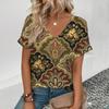 Woman Short-Sleeved T-Shirt Retro Women's Tshirt Oversized Casual Top Pullover Summer V-Neck Print Top Loose Streetwear Clothing
