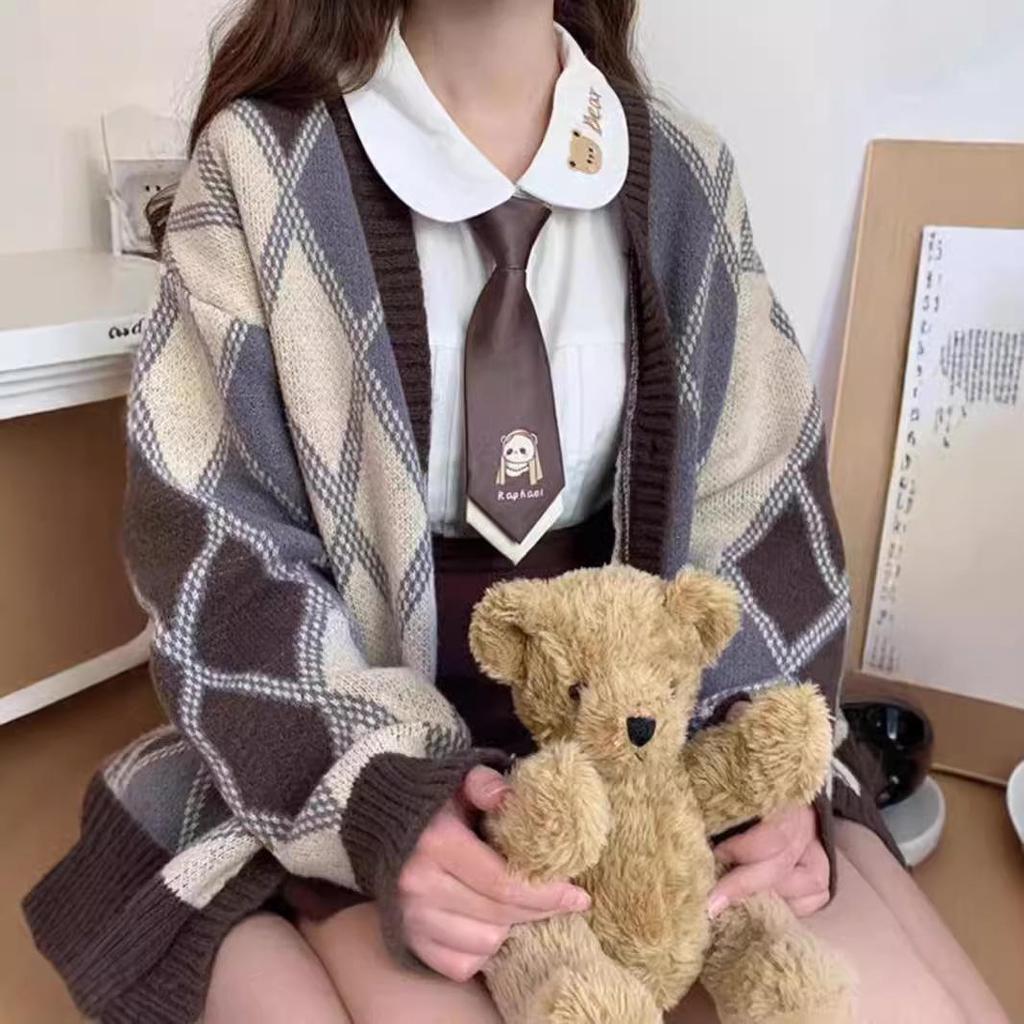 Женский ретро японский свитер в ромбы - Свободный крой, мягкий вязаный кардиган для осени и зимы