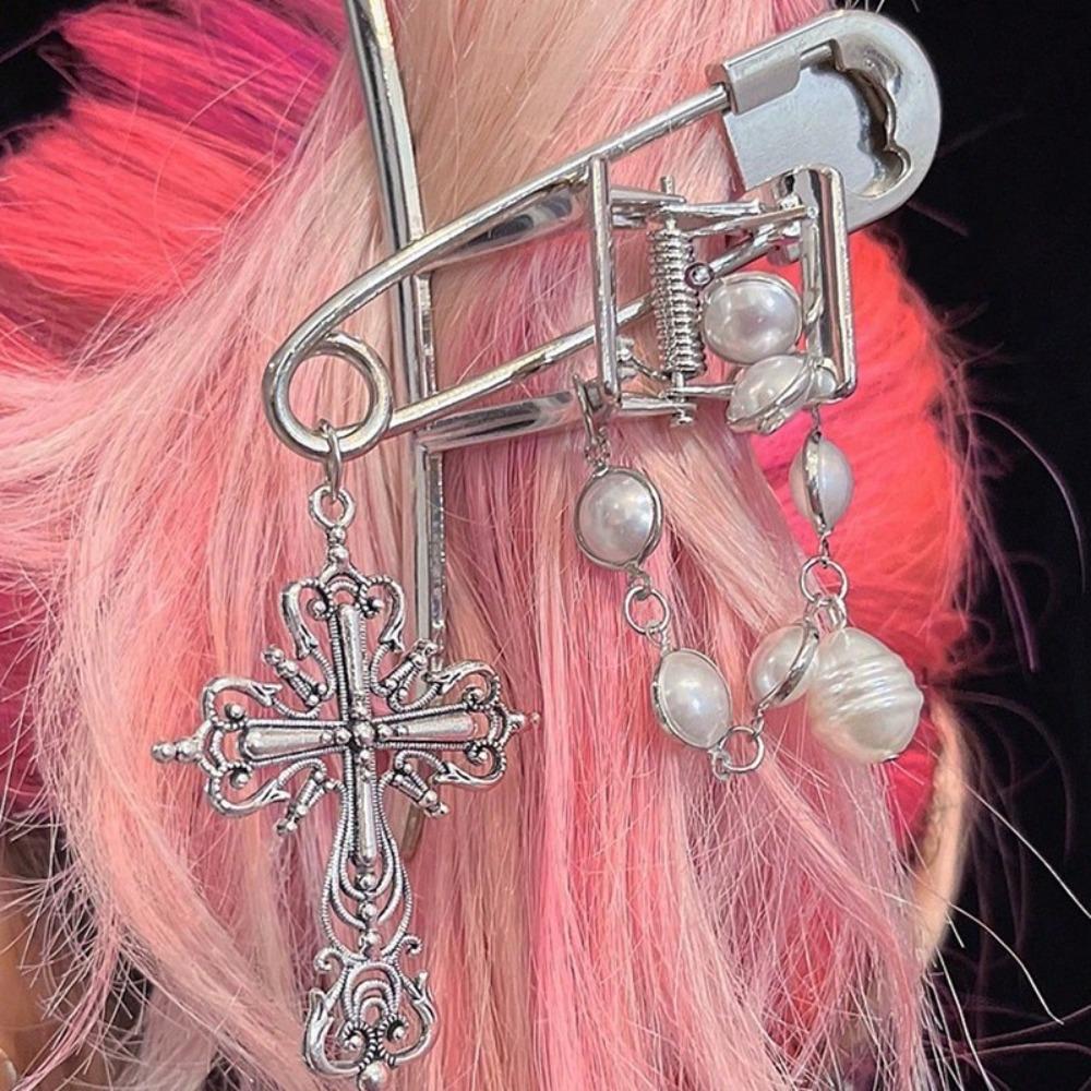 Ювелирные изделия Набор для волос с когтями Винтажный кулон-крест Краб Заколка для волос с жемчужной цепочкой Аксессуар для укладки волос