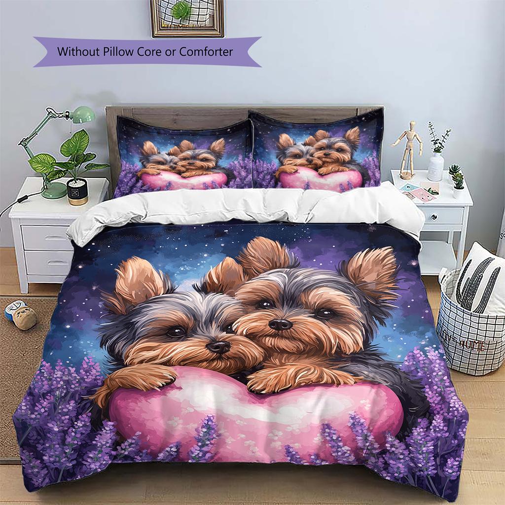 Yorkshire Terrier and Love Heart Pattern Bedding Home Decoration Birthday Gift (1 * duvet cover + 2 * pillowcase, without core)