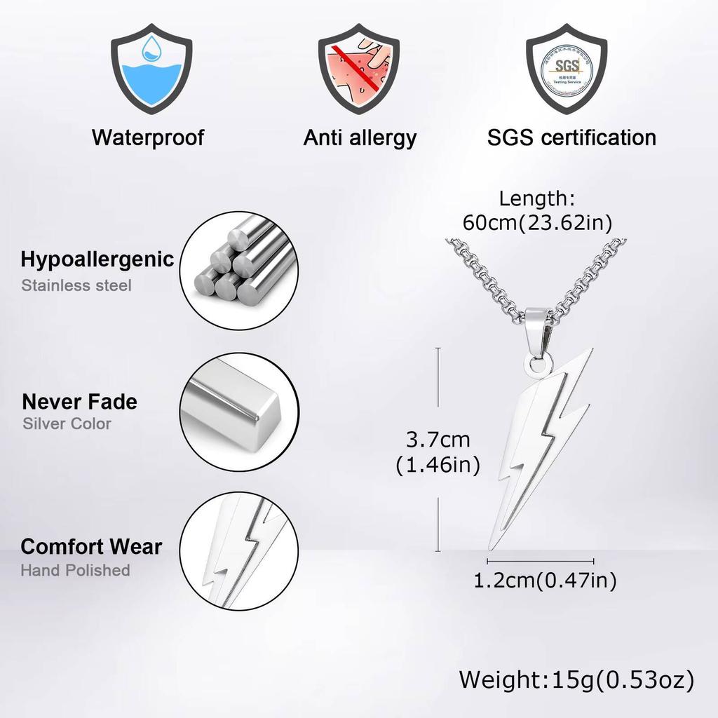Vnox Collier pendentif foudre en acier inoxydable, chaîne de boîte de 60 cm avec fermoir à homard