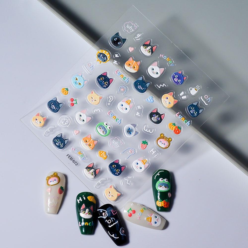 SHEIN Симпатичные наклейки для ногтей в виде головы кошки для детей - Самоклеящиеся аксессуары для нейл-арта