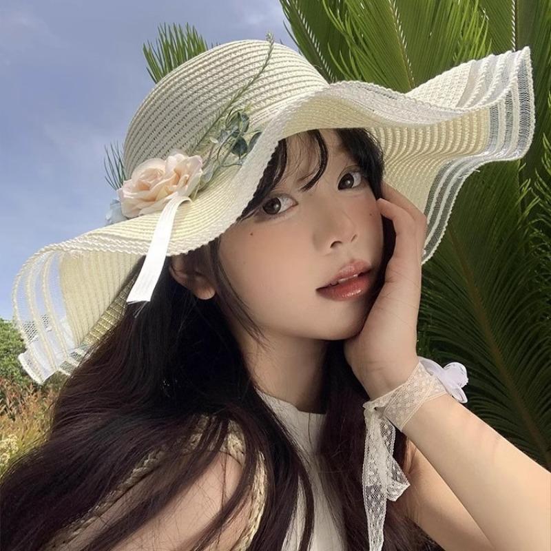 Соломенная шляпа с волнистыми краями и цветочным плетением, женская летняя пляжная шляпа от солнца с широкими полями, защищающая от солнца