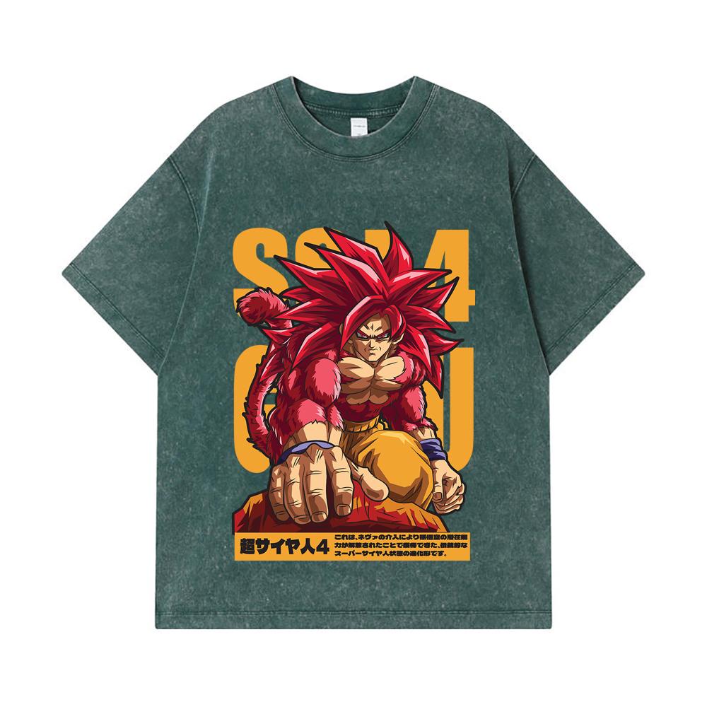 Стиранные футболки 275 г/м² 100% Хлопок Dragon Ball V42 Принт Goku SSJ4 Унисекс Тяжелая хлопковая футболка