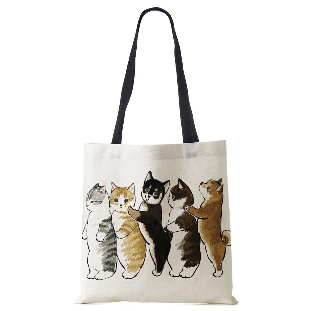 Женская сумка с милым животным кошачьим принтом, повседневная складная сумка-тоут для покупок в стиле Харадзюку, многоразовые сумки на плечо большой емкости