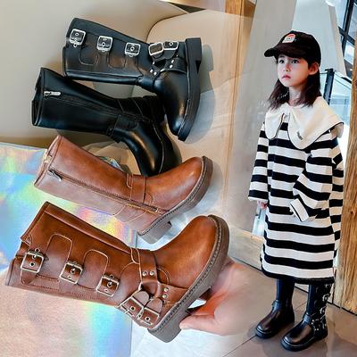 Детские модные длинные сапоги-трубы с флисом, зимние новые стильные черные джинсовые кожаные сапоги для девочек с боковой молнией, хлопковые сапоги в тренде