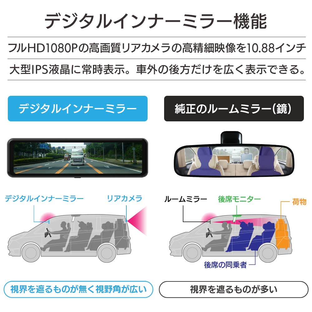 DreamMaker Parking Monitoring Cable Front and Rear Cameras 60fps STARVIS IMX462 Sensor Drive Recorder Digital Inner Mirror Mirror Type Inch 2 Cameras